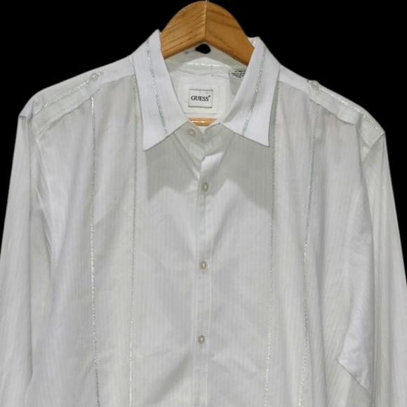 XL GUESS 100% Cotton Dress Shirt with Mint Green Stripes and Textured Fabric - Picture 10 of 11
